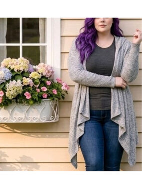 Oversized Soft Gray Open Front Cardigan Pockets Wide Ribbed Sleeves Cozycore